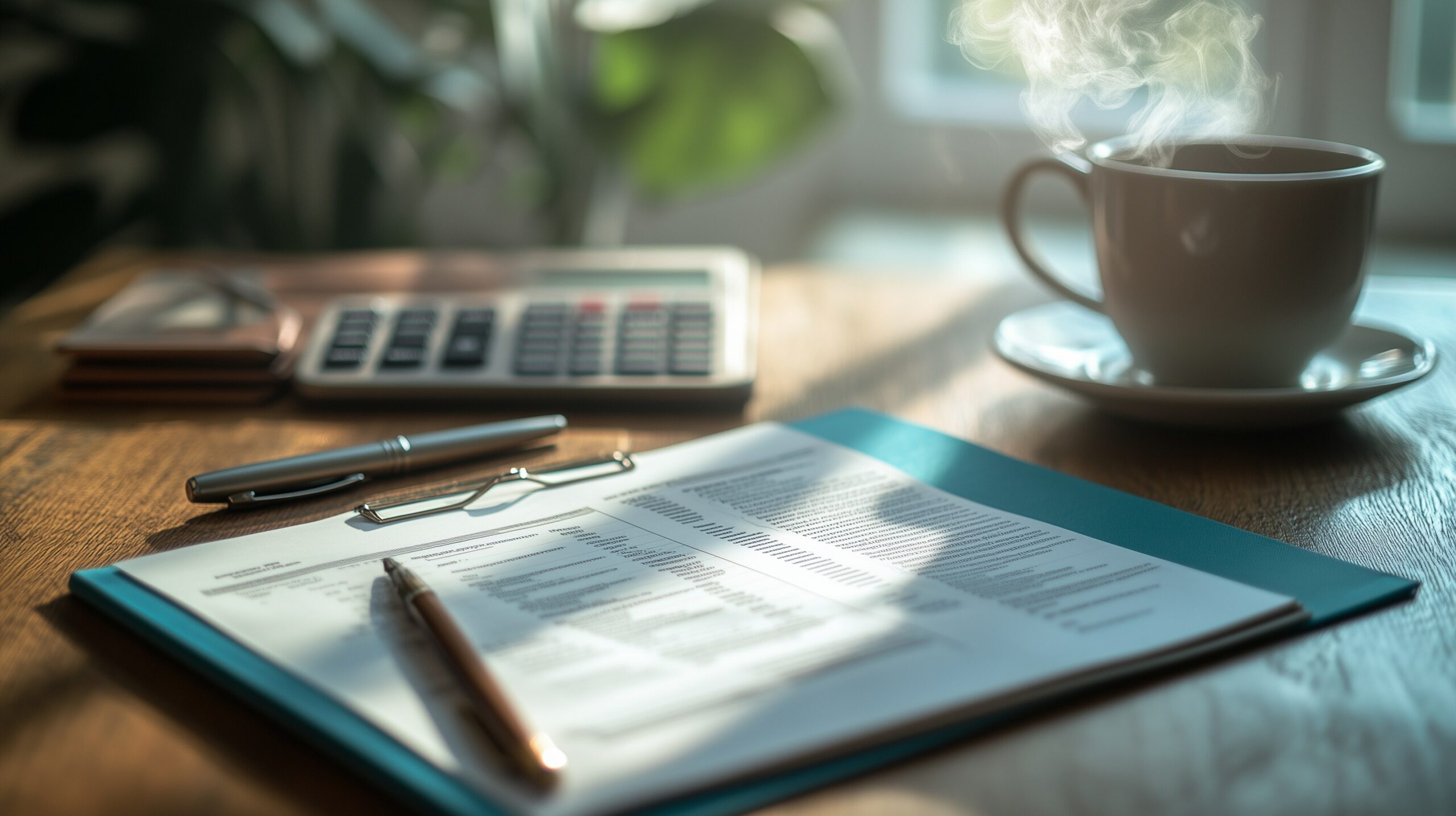 Finanzierungsunterlagen, Kalkulator und Kaffee auf warmem Holztisch bei Morgenlicht — Symbolbild für die saubere Finanzplanung