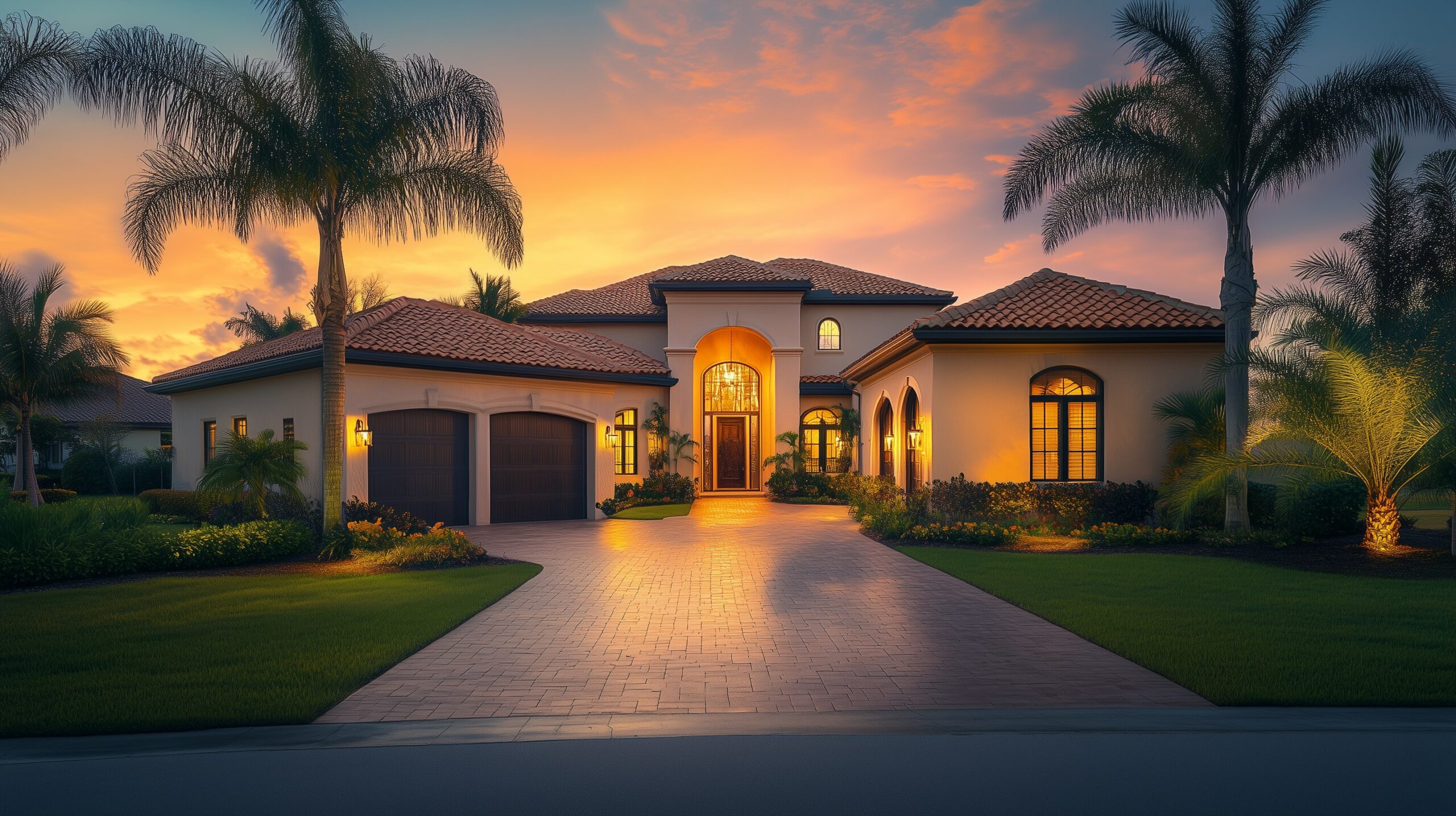 Mediterrane Florida-Villa mit Terracotta-Dach, Cremewänden und Palmen bei goldener Stunde — warmes Zielobjekt-Bild