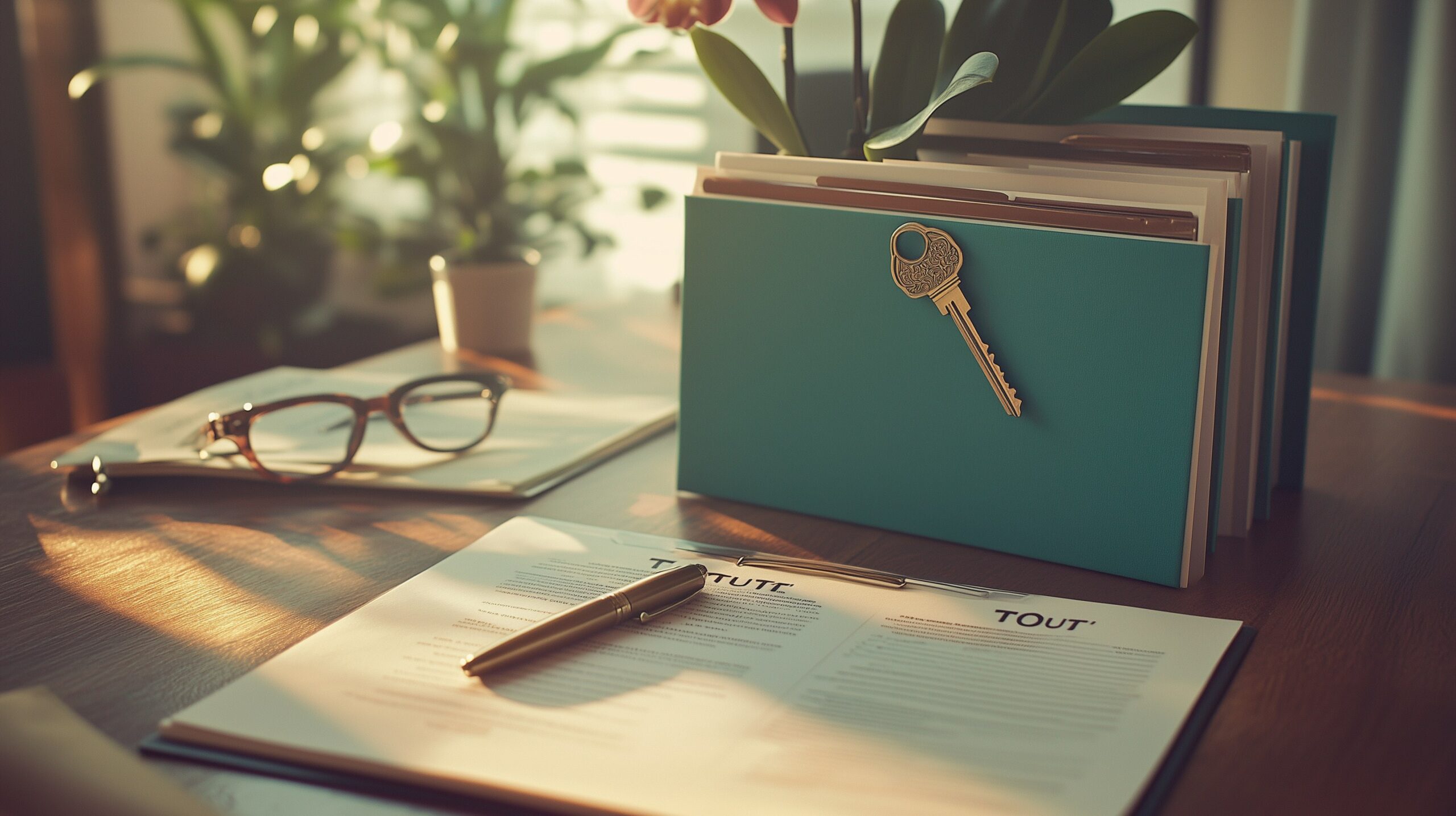 Land Trust und LLC Kombination — zwei grüne Aktenordner mit Florida-Dokumenten, Hausschlüssel und Füller auf Holztisch