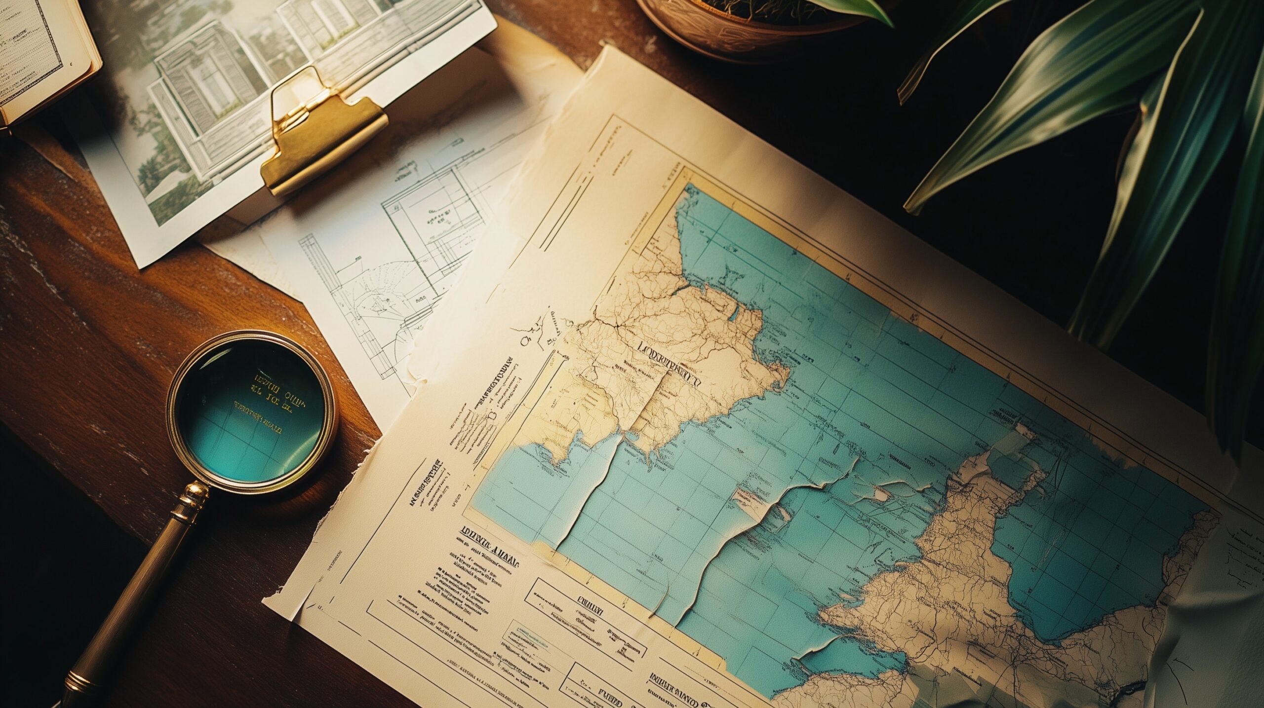 Flood Zone Map und Wind Mitigation Inspection — FEMA-Überflutungskarte mit Lupe und Inspektionsbericht auf Holztisch