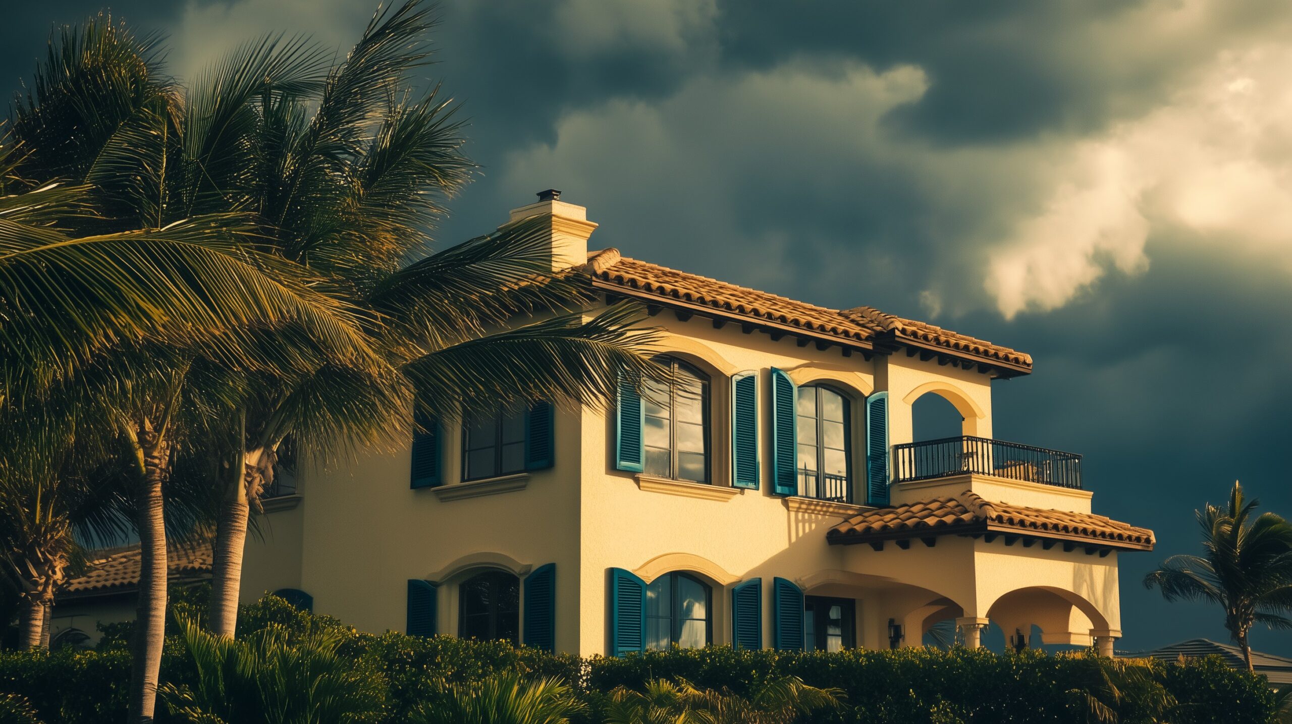Hurricane Insurance für Florida-Immobilien — Mediterranean Villa mit Sturmläden und dramatischem Himmel über dem Golf von Mexico