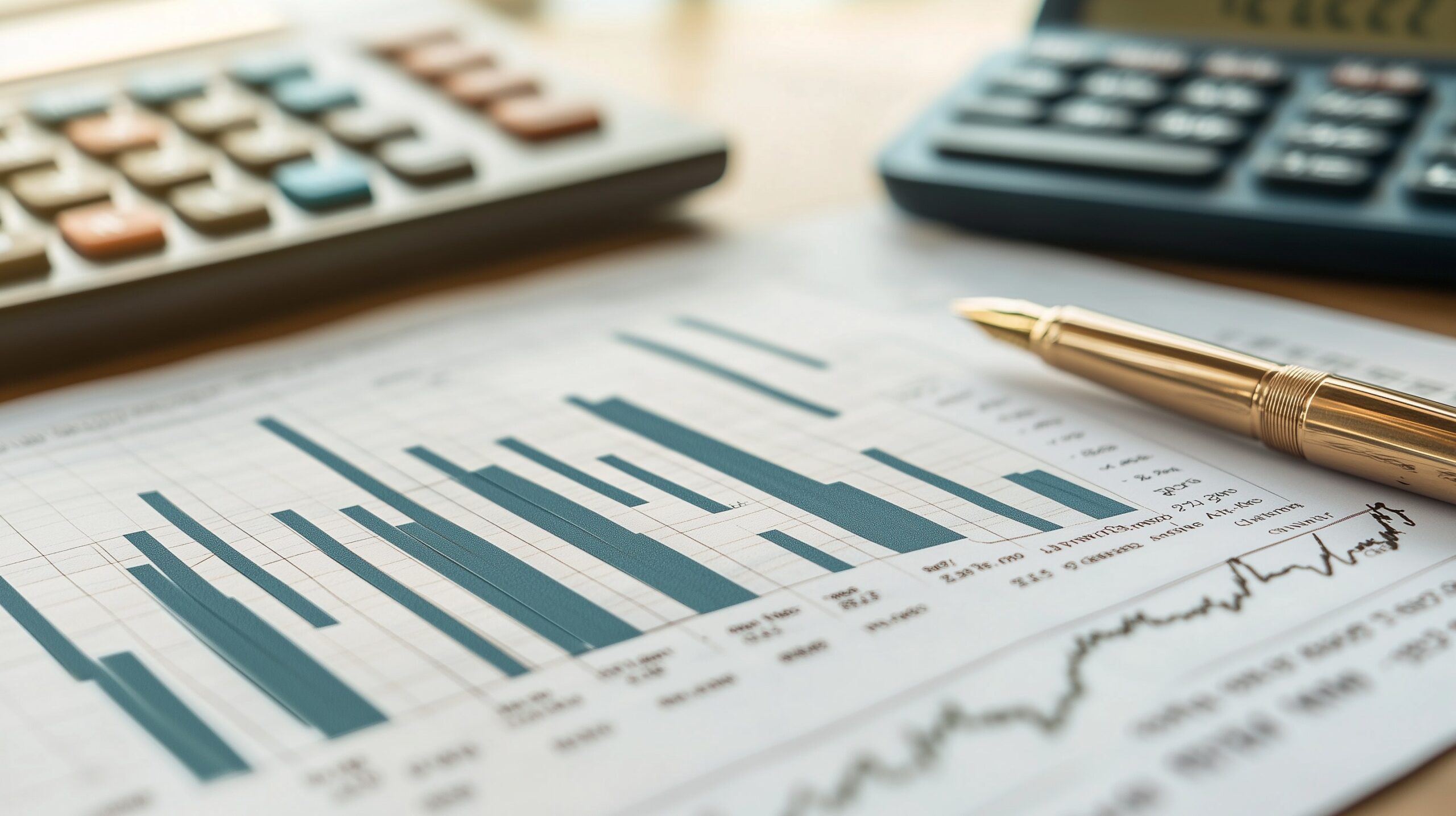 Zinskonditionen für Foreign National Loans 2026 — Chartausdruck mit Zinsverlauf, Kalkulator und Füller auf Holztisch