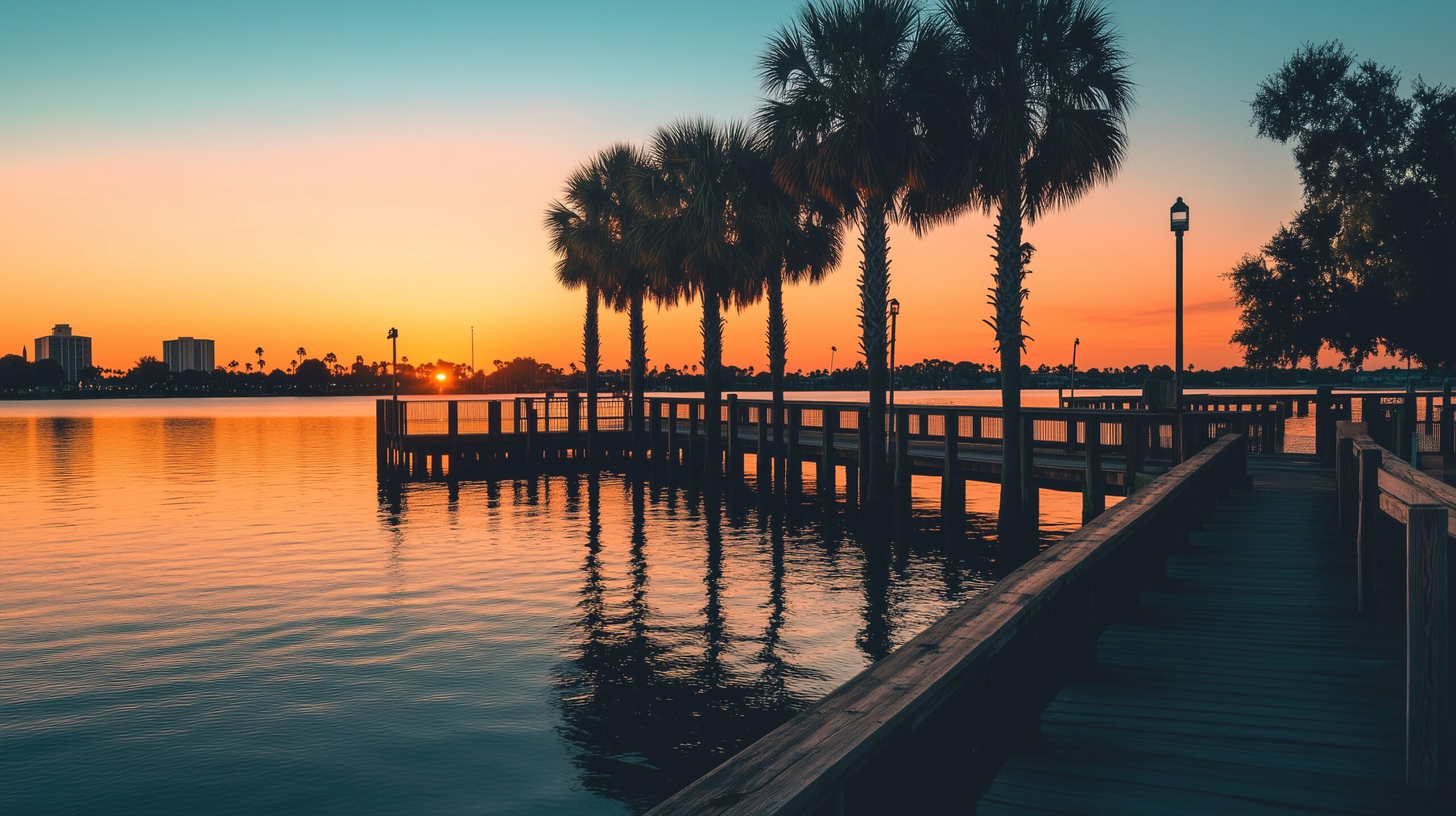 Sonnenuntergang über dem Manatee River in Bradenton, Florida, mit Palmen, Holzpier und Skyline — warme Orange- und Teal-Töne