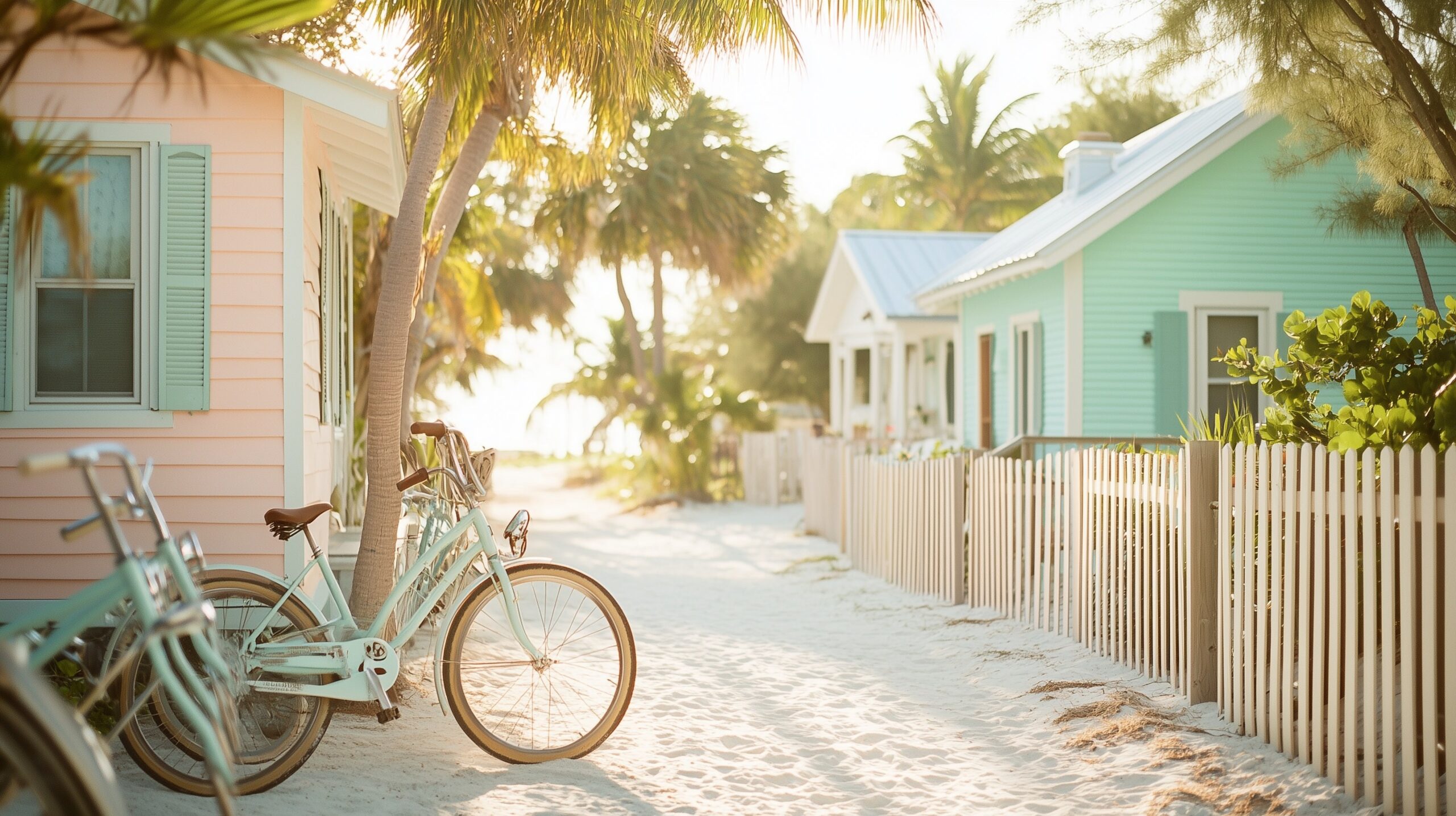 Anna Maria Island — Reihe pastellfarbener Beach Cottages in rosa und mint mit weißen Lattenzäunen, Fahrrädern und weißem Sandweg