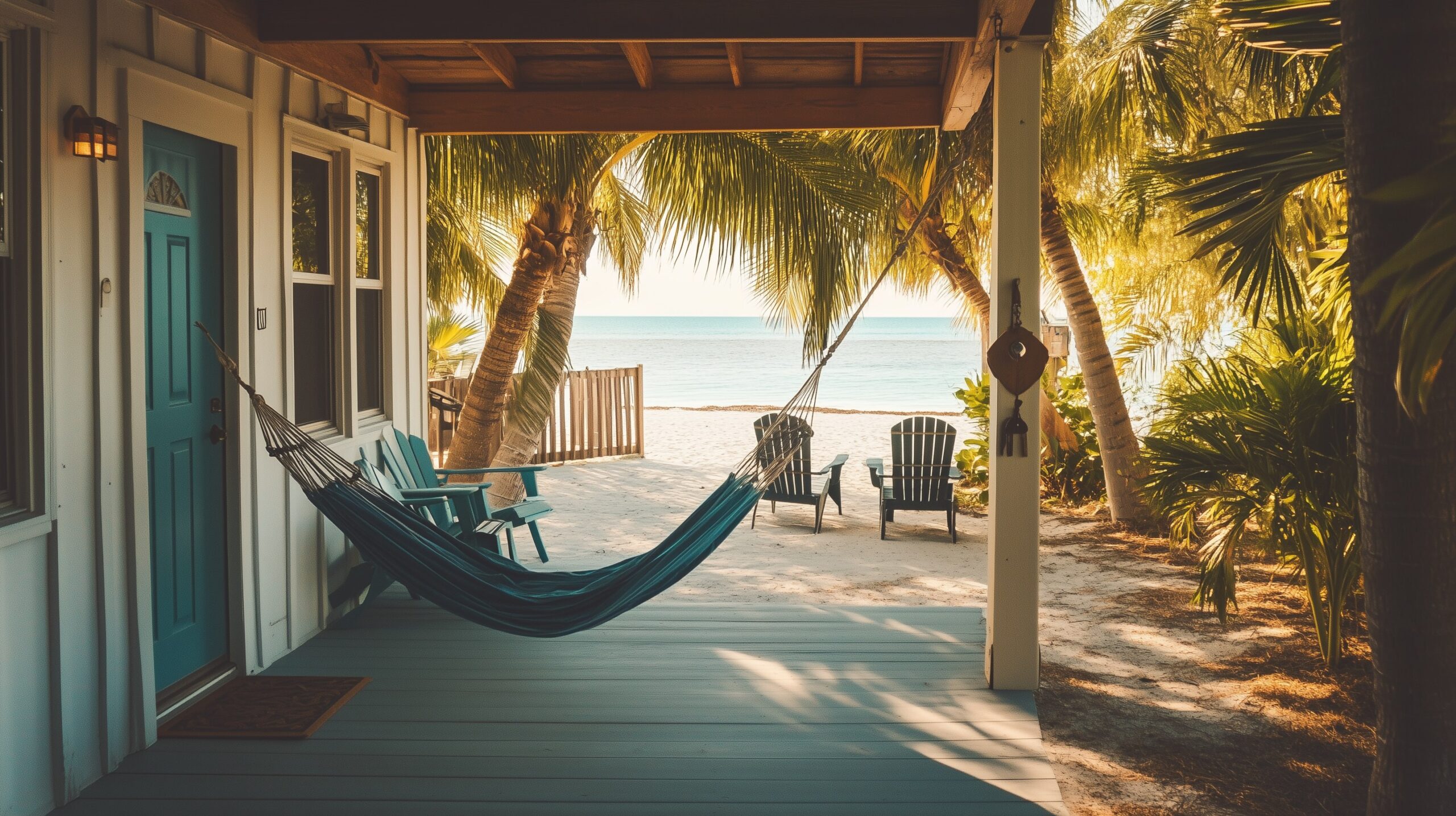 Ferienvermietung auf Anna Maria Island — erhöhtes Beach Cottage mit Veranda, Hängematte und Meerblick zwischen Palmen