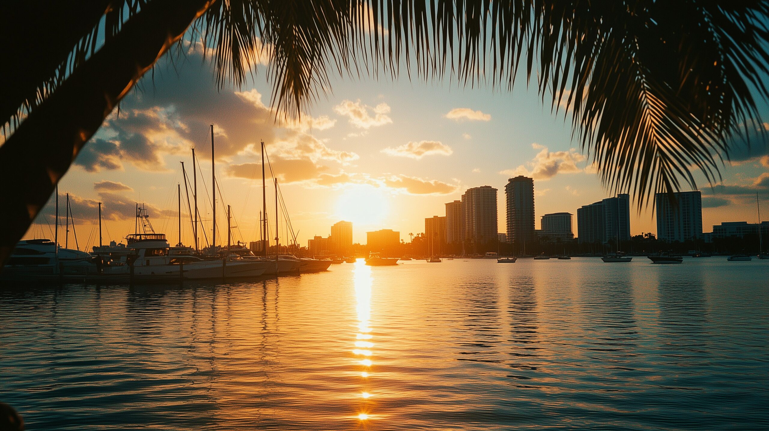 Sarasota Bayfront bei Sonnenuntergang — Marina mit Segelbooten und Yachten vor der Skyline, eingerahmt von Palmen