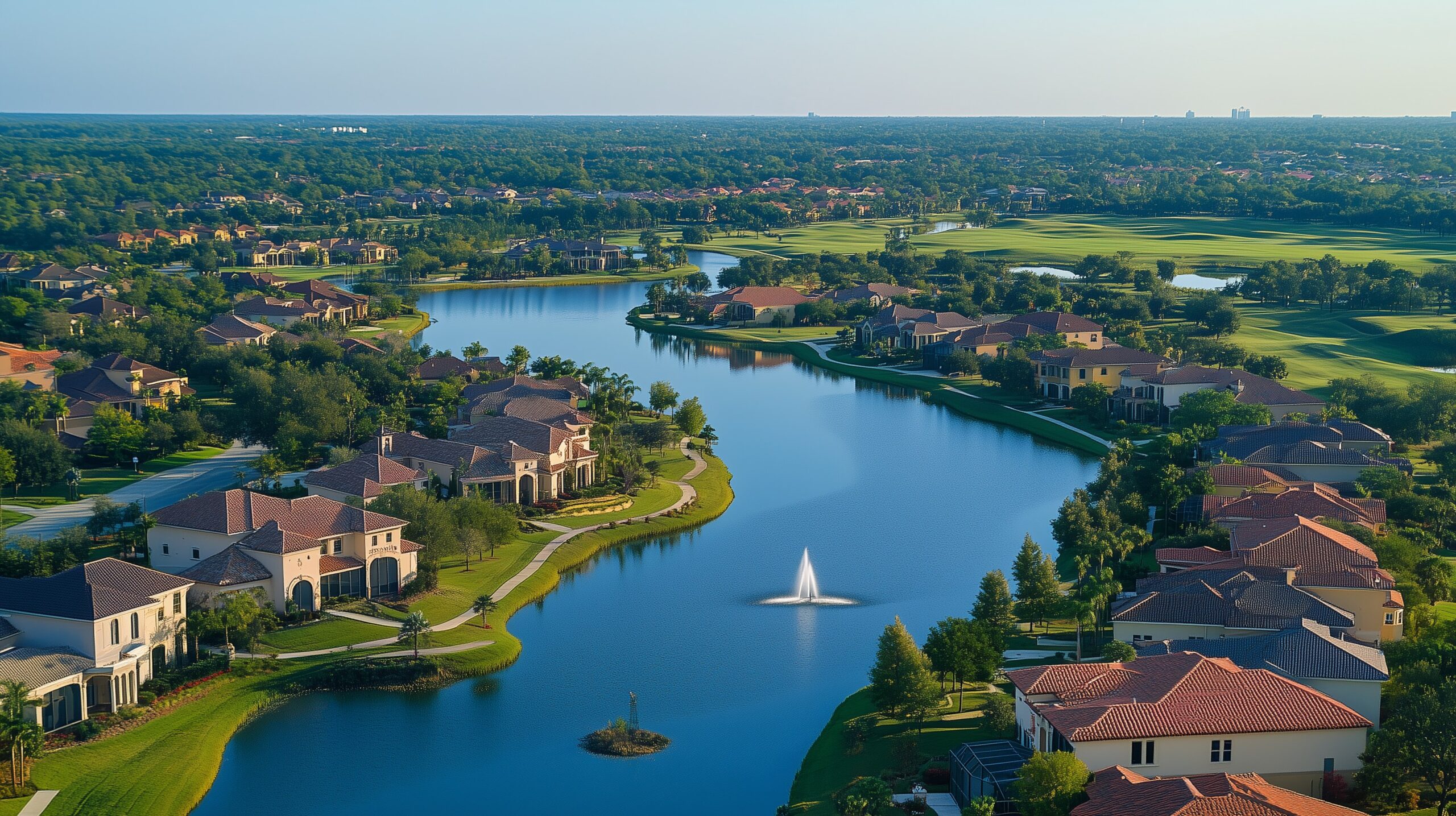 Lakewood Ranch Florida — Luftaufnahme der Master-Planned Community mit mediterranen Wohnhäusern, See mit Springbrunnen und erhaltener Feuchtgebiete