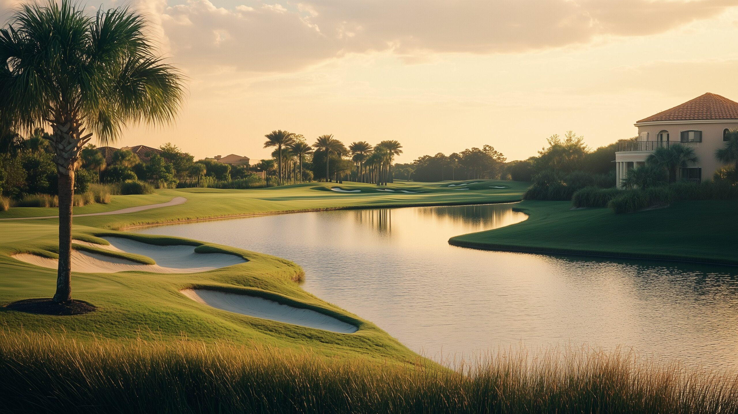 Lakewood Ranch Golf Course — Fairway entlang eines Sees mit Palmen und Country-Club im Hintergrund, goldenes Licht